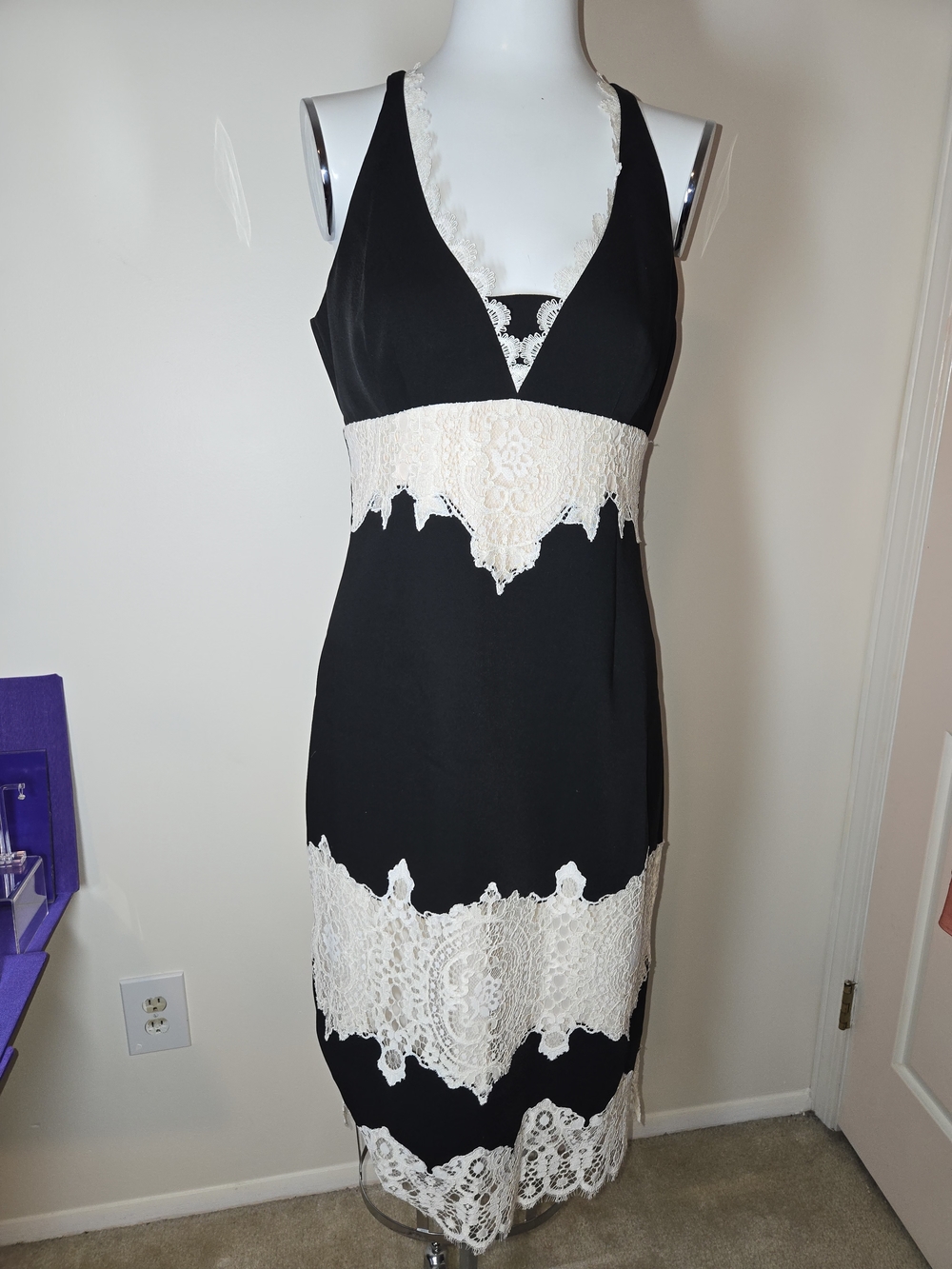 Karen Millen Black Midi Dress with Ivory Lace Insets-NWOT